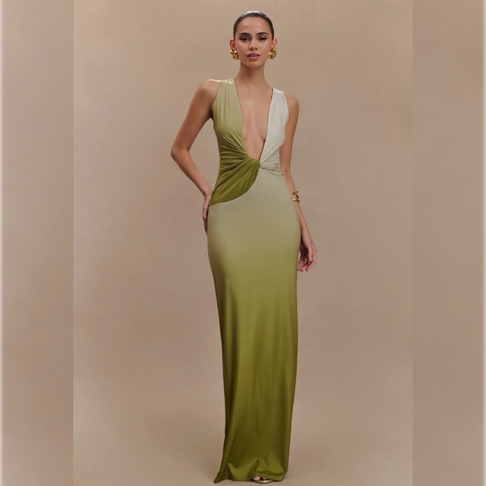 Meshki Olive Green and Cream Twist-Front Plunge Gown